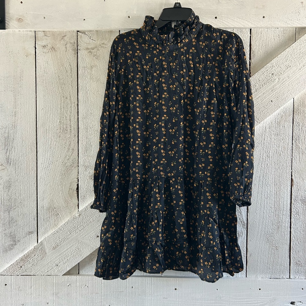 Black Floral High-Neck Tiered Mini Dress